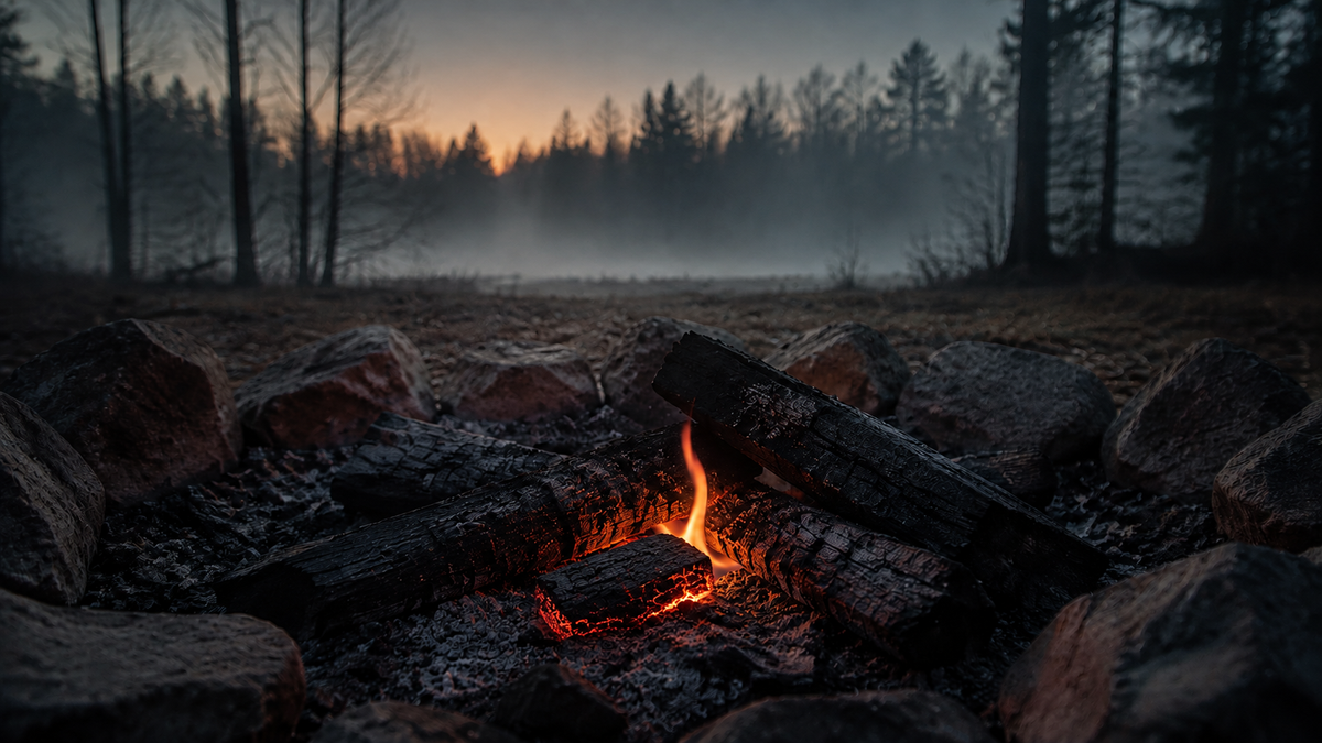 A low campfire at dawn with one glowing ember relighting beneath charred wood, symbolizing comeback consistency.