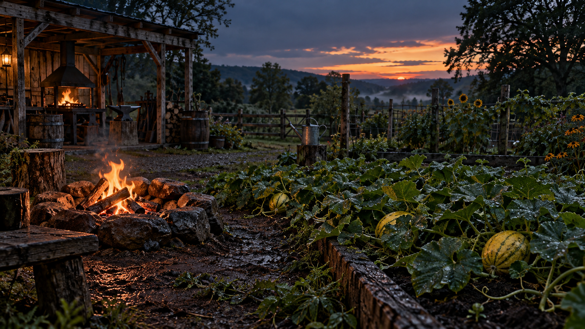 A steady campfire beside a rain-dampened late-summer garden and hidden watermelons at dusk