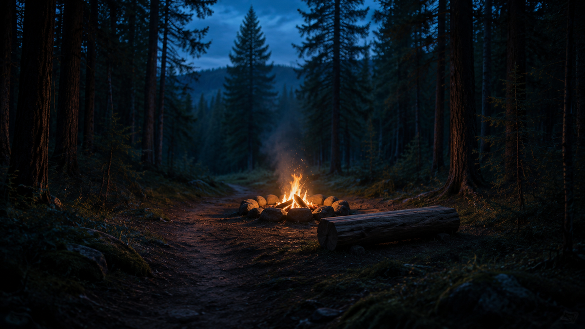 A quiet woodland trail ending at a small campfire beside an empty log seat at blue hour, symbolizing a place to breathe and return to stillness.